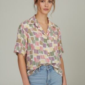 Vintage Bon Worth Button Down Blouse | Side Slits | Square Buttons | Geometric